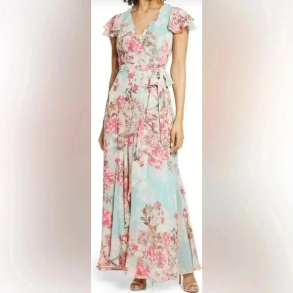 Eliza J Women’s Mint Green Flutter Floral Midi Sleeveless Belted Dress Size 8 - Picture 4 of 11